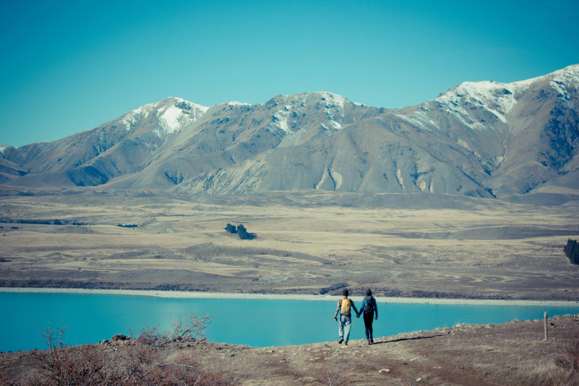 A couple hold hands over looking lake tekapo